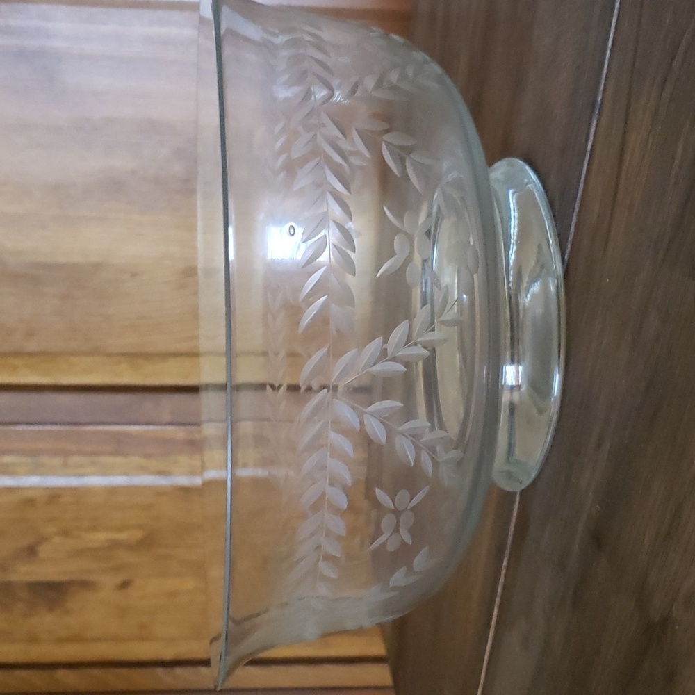 Vintage Botanical Etched Glass Serving Salad Bowl